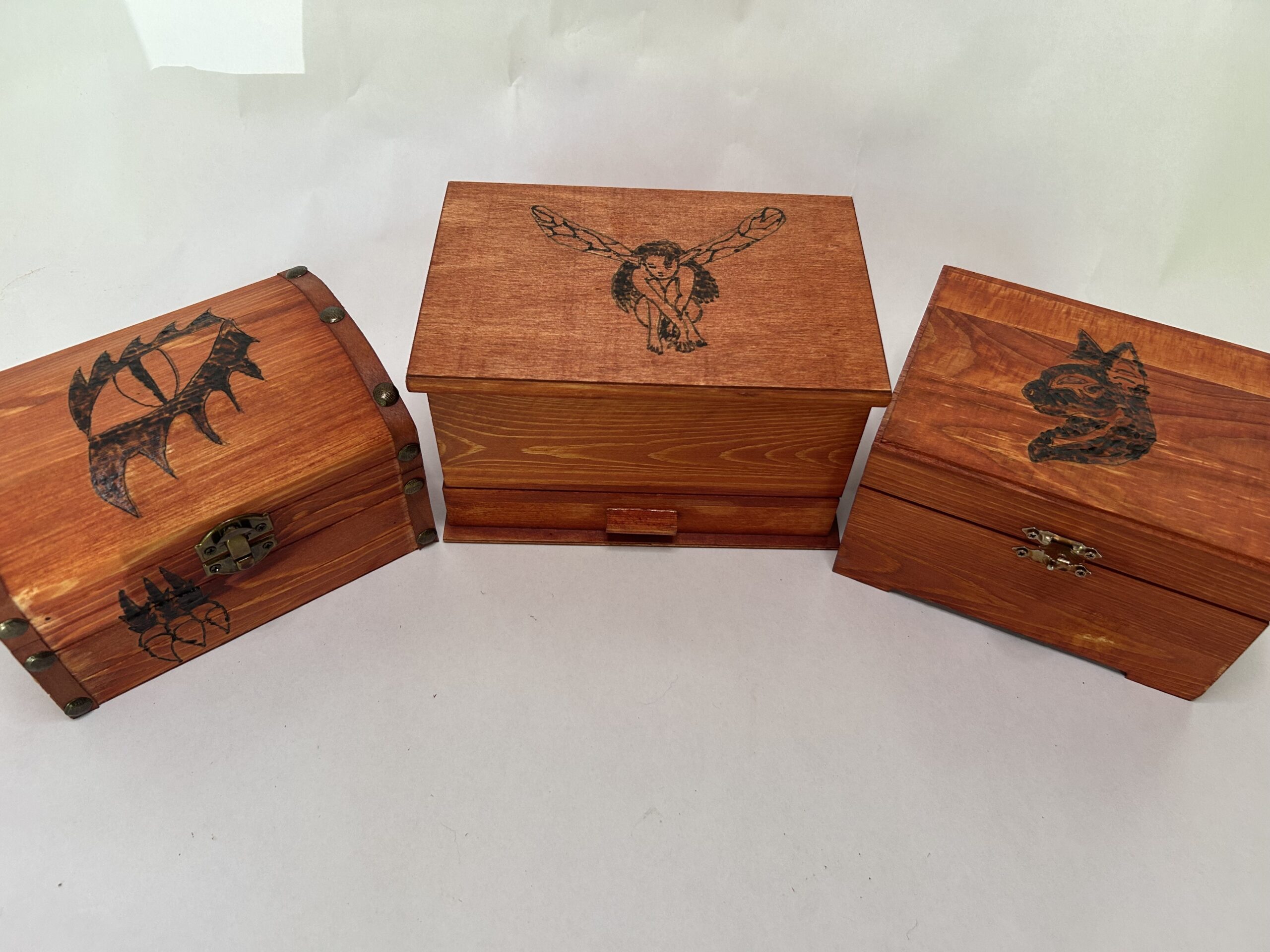 Medium Hand Stained Burned  Wooden Jewelry Boxes